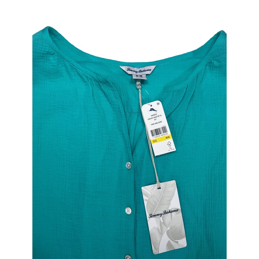Tommy Bahama Lana Bay Gauze Top Turquoise 3/4 Sleeve Blouse M - Picture 3 of 4